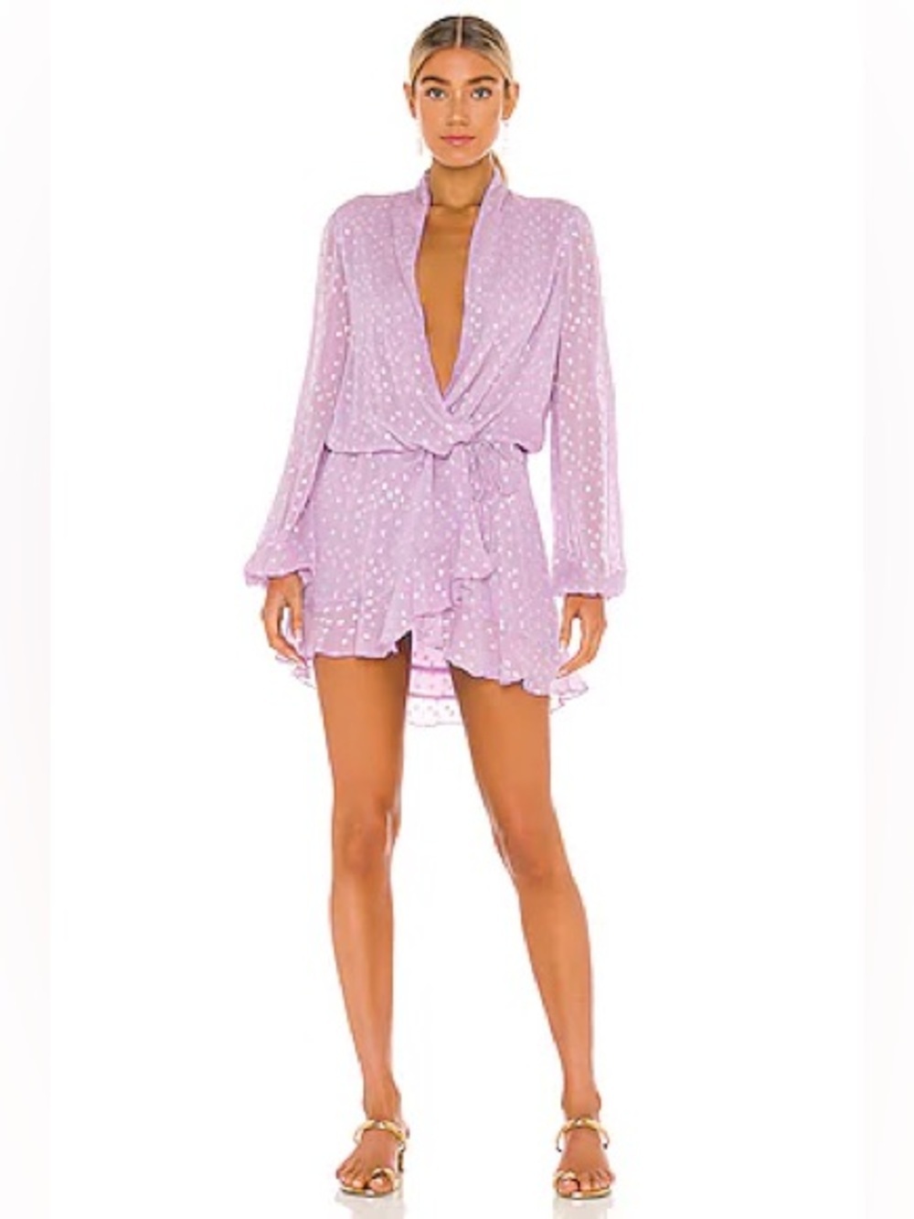 Rococo Sand x Revolve lilac lurex wrap dress with long sleeves and ruffled hem S